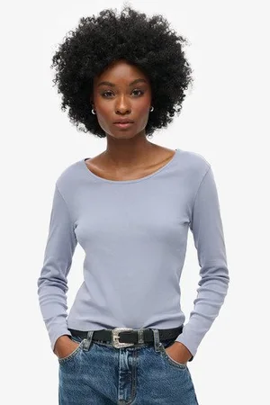 Superdry Damen Fein Geripptes Langarmoberteil mit U-ausschnitt