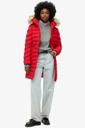 Superdry Damen Mittellanger Fuji Steppmantel mit Kapuze aus Kunstfell