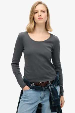 Superdry Damen Fein Geripptes Langarmoberteil mit U-ausschnitt