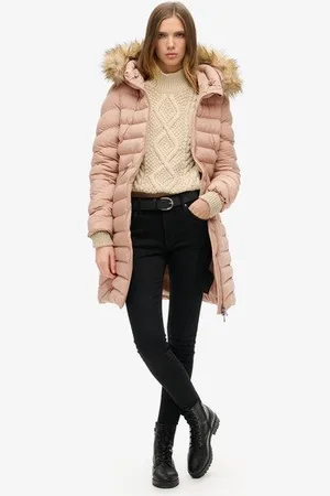 Superdry Damen Mittellanger Fuji Steppmantel mit Kapuze aus Kunstfell