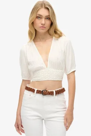 Superdry Damen Kurzärmeliges Ibiza Oberteil mit Spitzenbesatz, Größe: 42
