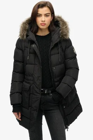 Superdry Damen Mittellanger Everest Steppmantel mit Kunstfellbesatz