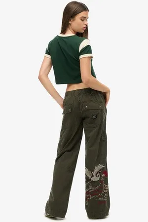Superdry Damen Bestickte Cargohose mit Niedriger Leibhöhe