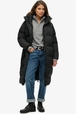 Superdry Damen Langer Steppmantel mit Kapuze