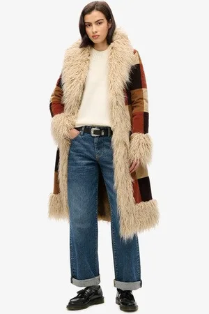Superdry Damen Braun und Beige Langer Afghan-Mantel im Patchwork-Look, Größe: 44