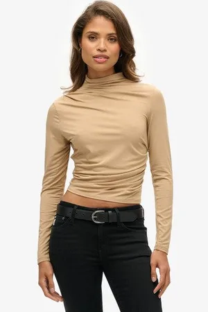 Superdry Damen Langärmeliges, Gerafftes Oberteil mit Stehkragen