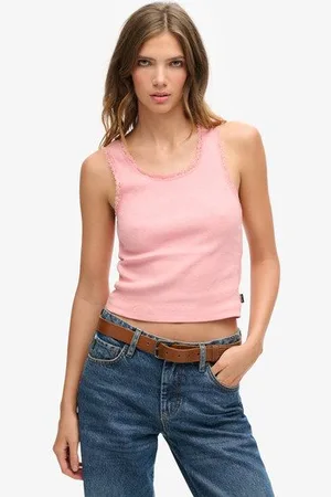 Superdry Damen Athletic Essentials Vintage Tanktop mit Spitzenbesatz
