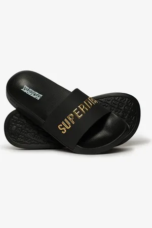 Superdry Damen Schwarz und Gold Vegane Badesandalen mit Logo, Größe: 5-6