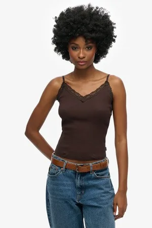 Superdry Damen Geripptes Vintage Trägertop aus Bio-baumwolle mit Spitzenbesatz
