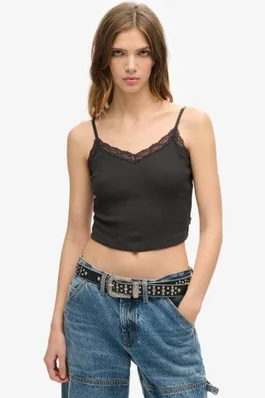 Superdry Damen Kurzes Athletic Essentials Trägertop mit Spitzenbesatz