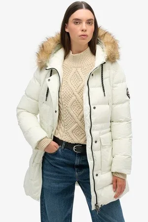 Superdry Damen Mittellanger Everest Steppmantel mit Kunstfellbesatz