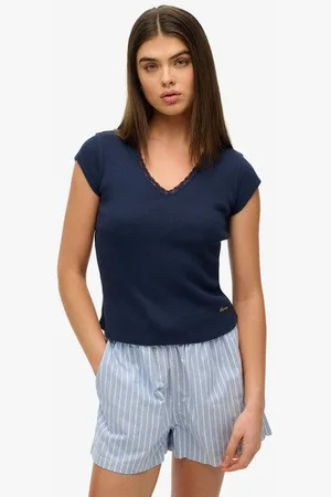 Superdry Damen Essential Oberteil mit Spitzenbordüre