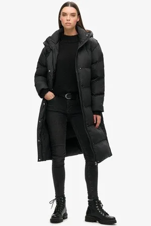 Superdry Damen Lang Geschnittener Steppmantel mit Kapuze