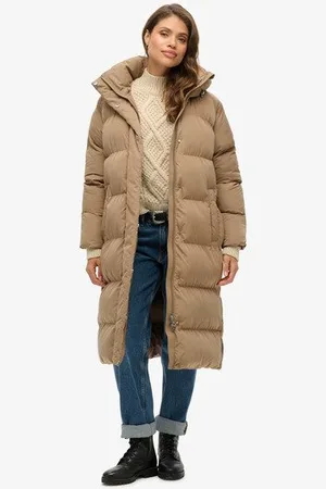 Superdry Damen Langer Steppmantel mit Kapuze