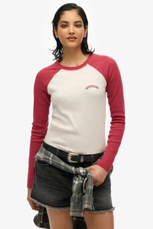 Superdry Damen Langärmeliges, Geripptes Essential Baseball-oberteil mit Logo
