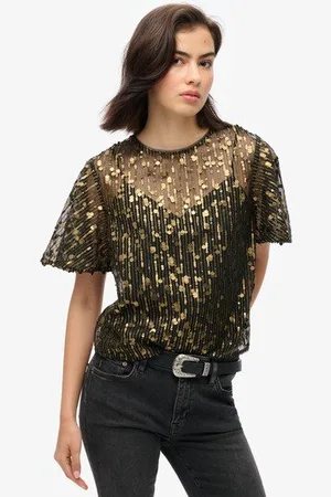 Superdry Damen Transparentes Kurzarm-oberteil mit Pailletten