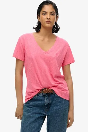 Superdry Damen Strukturiertes T-shirt mit V-ausschnitt und Stickerei