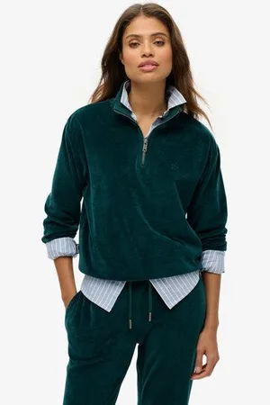 Superdry Damen Velour-oberteil mit Halblangem Reißverschluss