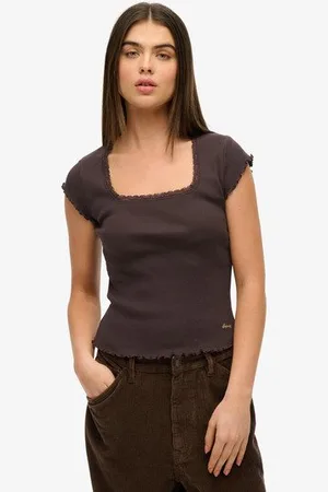 Superdry Damen Essential Kurzarm-t-shirt mit Eckigem Ausschnitt