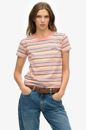 Superdry Damen Orange, Weiß und Blau Figurbetontes Essential T-Shirt mit Logo Gestreift, Größe: 36