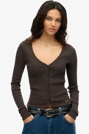 Superdry Damen Essential Langarmoberteil mit Knopfleiste