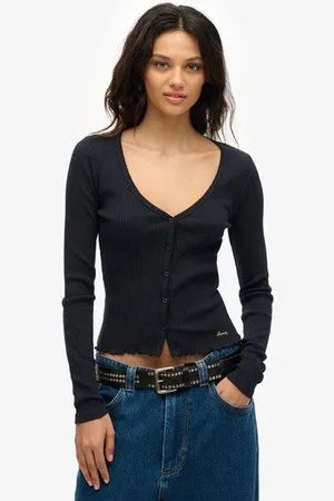 Superdry Damen Essential Langarmoberteil mit Knopfleiste