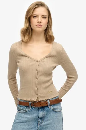 Superdry Damen Essential Langarmoberteil mit Knopfleiste