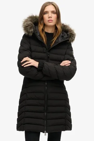 Superdry Damen Mittellanger Fuji Steppmantel mit Kapuze aus Kunstfell