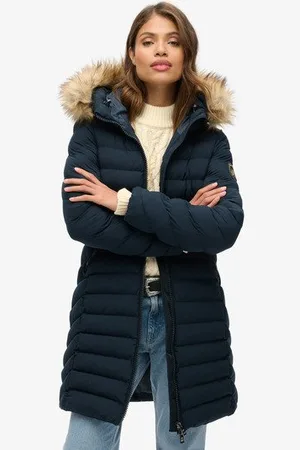 Superdry Damen Mittellanger Fuji Steppmantel mit Kapuze aus Kunstfell