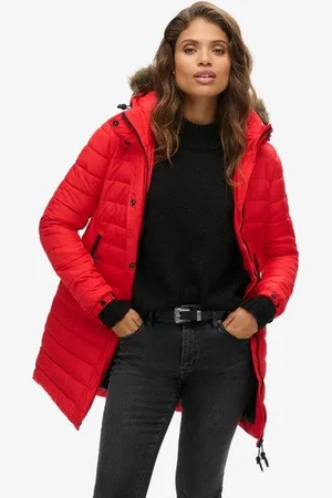 Superdry Damen Mittelgroße Steppjacke mit Kunstfellkapuze