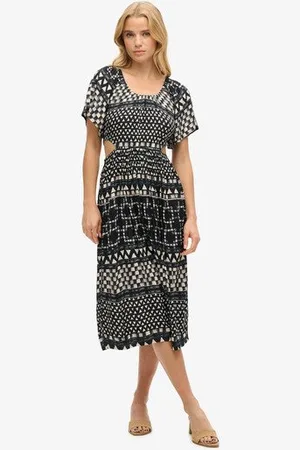 Superdry Damen Bedrucktes Midikleid mit Aussparung