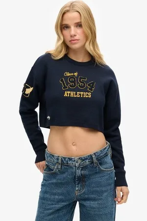 Superdry Damen Kurzer College-pullover mit Rundhalsausschnitt