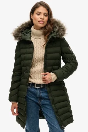 Superdry Damen Mittellanger Fuji Steppmantel mit Kapuze aus Kunstfell