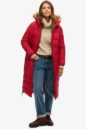 Superdry Damen Lange Steppjacke mit Kapuze mit Kunstfellbesatz