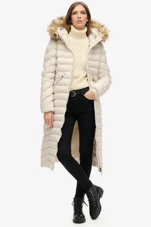 Superdry Damen Lange Fuji Jacke mit Kapuze Kunstfellbesatz, Größe: 38