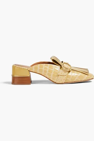 Tory Burch Kiltie Mules aus Glattleder und Leder mit Krokodileffekt und Schnalle - Gelb - US 6