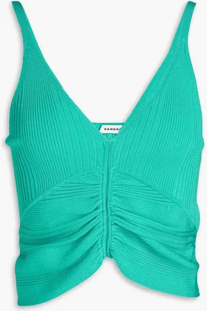 Sandro Cropped Oberteil aus Rippstrick mit Raffungen - Grün - 3