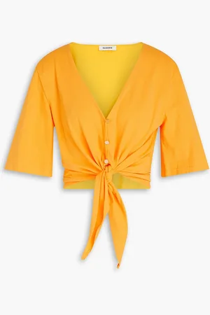 Sandro Oberteil aus Baumwoll-Jersey mit Zierknöpfen und Knotendetail - Gelb - 3
