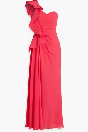 Badgley Mischka Robe aus Chiffon mit Rüschen und asymmetrischer Schulterpartie - Orange - US 8
