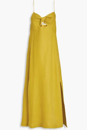 Casa Raki Lara Midikleid aus Leinen mit Cut-outs und Twist-Detail - Gelb - XL