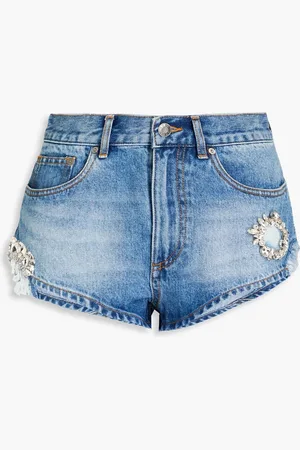 AREA Jeansshorts in Distressed-Optik mit Kristallverzierung - Blau - 28
