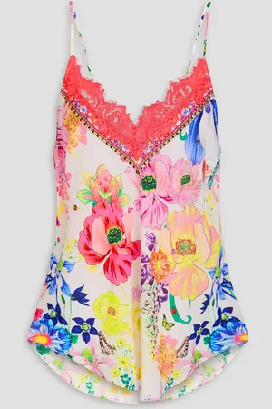 Camilla Top aus Crêpe de Chine aus Seide mit floralem Print und Kristallverzierung - - L