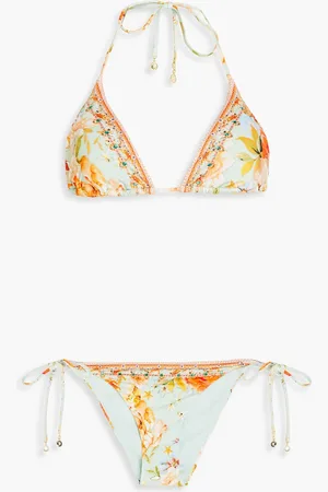 Camilla Triangel-Bikini mit floralem Print und Kristallverzierung - Grün - XL