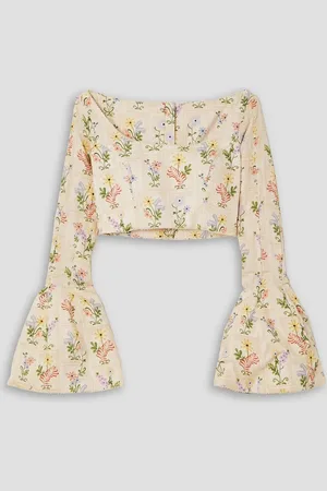 Agua by Agua Bendita Limoncello Pradera verkürztes Oberteil aus Leinen mit Blumenprint - Weiß - XS