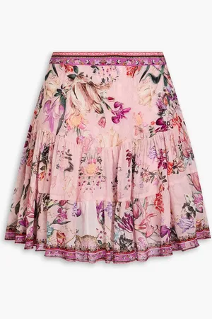 Camilla Minirock aus Crêpe de Chine aus Seide mit floralem Print und Kristallverzierung - Pink - L