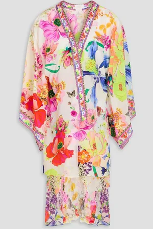 Camilla Bedruckter Kimono aus Crêpe de Chine aus Seide mit Kristallverzierung - - L/XL