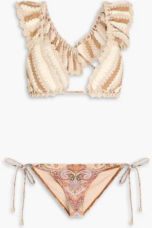 ZIMMERMANN Gestreifter Triangel-Bikini aus Häkelstrick mit Paisley-Print - Braun - 0