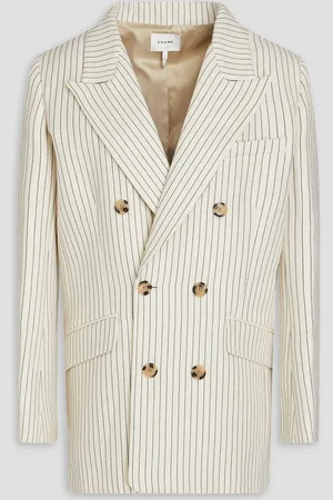 Frame Doppelreihiger Blazer aus Twill aus einer Baumwoll-Leinenmischung mit Nadelstreifen - Weiß - US 14