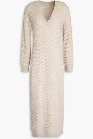 Brunello Cucinelli Midikleid aus einer Woll-Kaschmir-Seidenmischung mit Zopfstrickmuster und Zierperlen - Weiß - 3XL