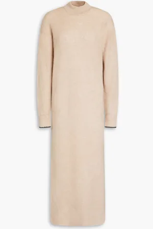 Brunello Cucinelli Geripptes Midikleid aus einer Alpaka-Baumwollmischung mit Zierperlen - Neutral - XL